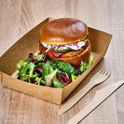 Takeout burger and salad in a cardboard box Takeout burger and salad in a cardboard box