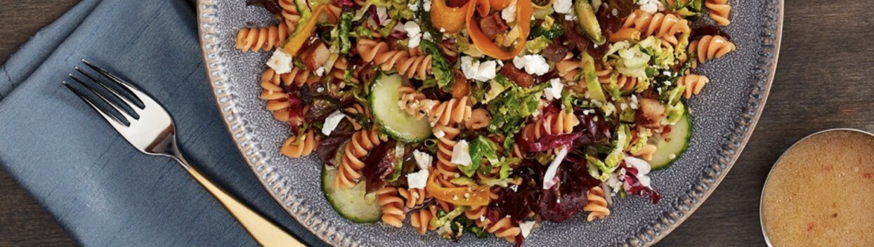 Red Lentil Pasta Bowl with Lemony Roasted Brussels Sprouts Red Lentil Pasta Bowl with Lemony Roasted Brussels Sprouts