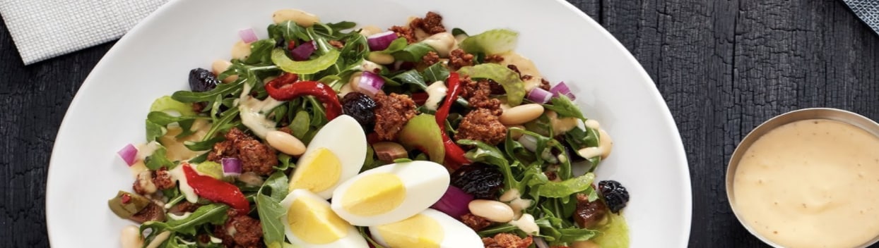 Chorizo, White Bean and Oil Cured Olive Chopped Salad with Smoky Honey Mustard Dressing Chorizo, White Bean and Oil Cured Olive Chopped Salad with Smoky Honey Mustard Dressing