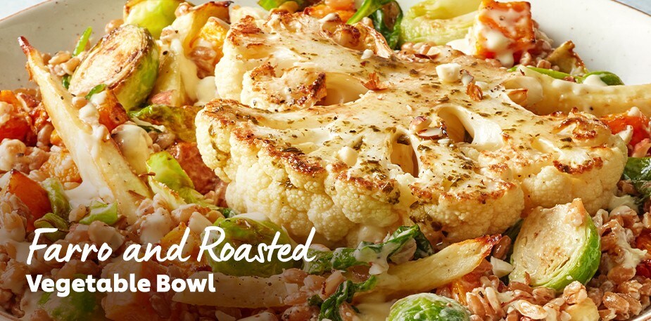 A professionally plated vegetable bowl is shown. The text reads: Farro and Roasted Vegetables Bowl.