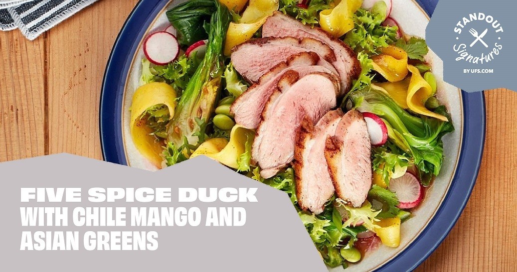 Five Spice Duck with Chile Mango and Asian Greens
