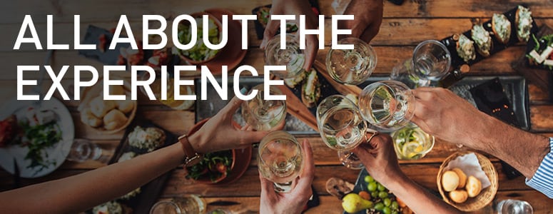 A table filled with food and hands cheering glasses of wine with the words, "All About the Experience" as a title.