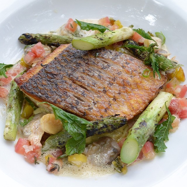 Chef Drew Deckman’s Striped Sea Bass with Asparagus 