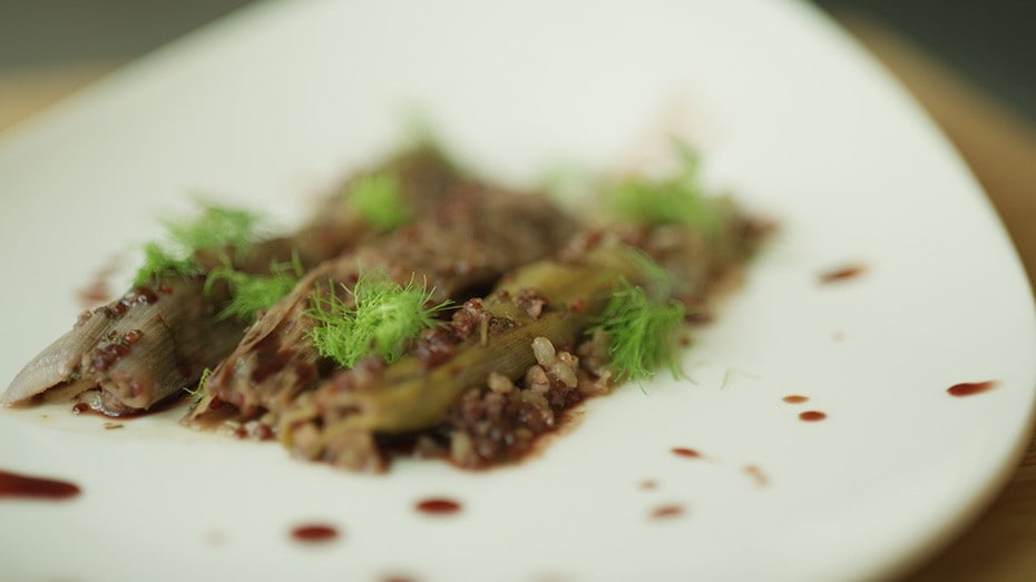 Walnuts, Rice, and Quinoa Stuffed Leeks