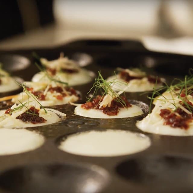 Coconut Hotcakes with Chicken, Chili Jam, and Kaffir Lime