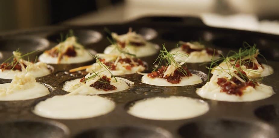 Coconut Hotcakes with Chicken, Chili Jam, and Kaffir Lime