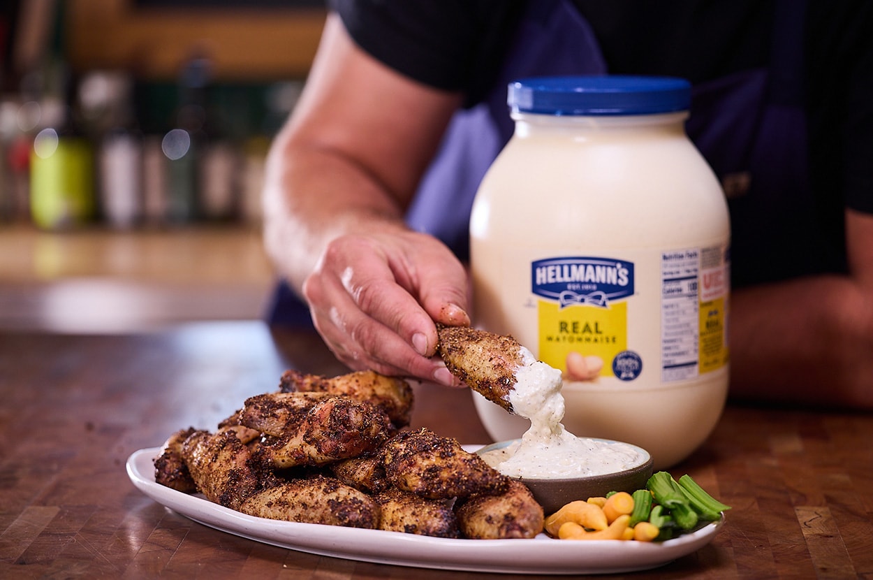 Baked Wings with Roasted Garlic Bleu Cheese Dip – - Recipe