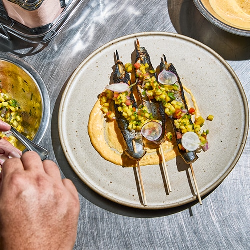 Flame Broiled Skewered Herring w/ Mango Pico & Rouille Flame Broiled Skewered Herring w/ Mango Pico & Rouille