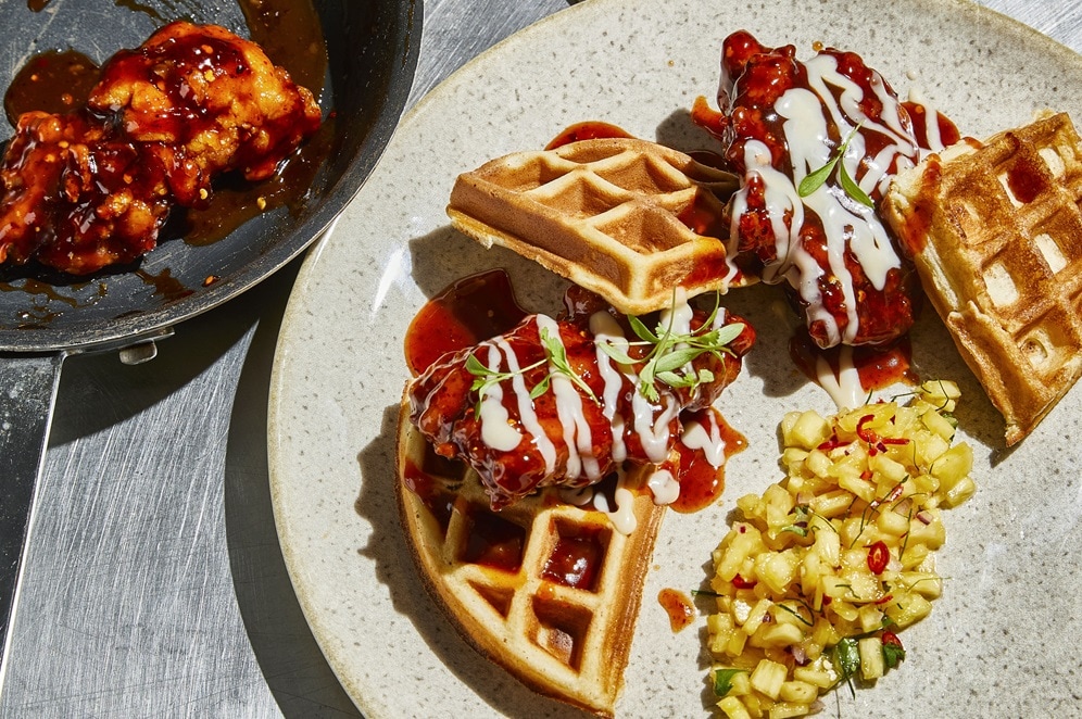 Spicy Asian-Glazed Fried Chicken & Waffles with Maple Mayonnaise – - Recipe