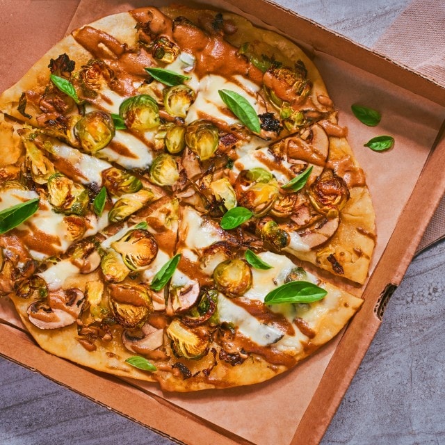 Charred Brussel Sprouts and Mushroom Flatbread with a Roasted Shallot/Balsamic Drizzle Charred Brussel Sprouts and Mushroom Flatbread with a Roasted Shallot/Balsamic Drizzle