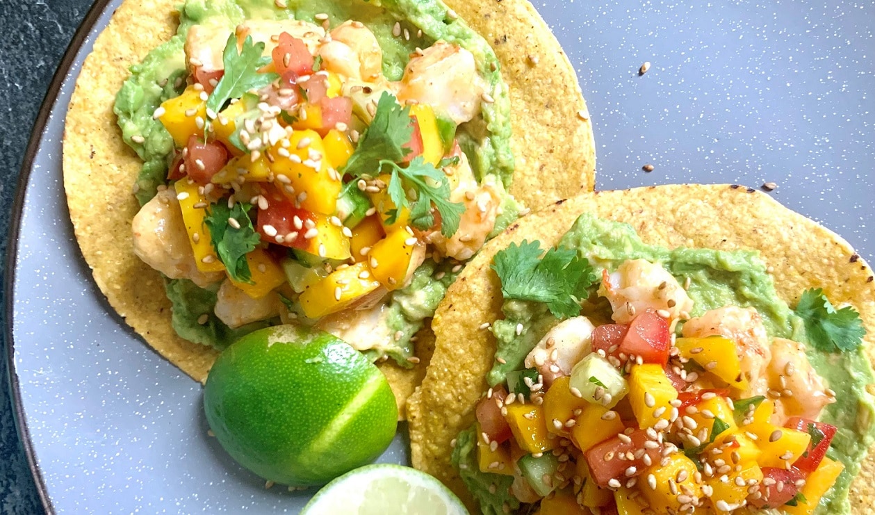 Bang Bang Sesame Shrimp Tostadas with Mango Salsa – - Recipe