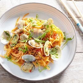 Sweet Potato Noodles with Clams and Creamy Turmeric Sauce