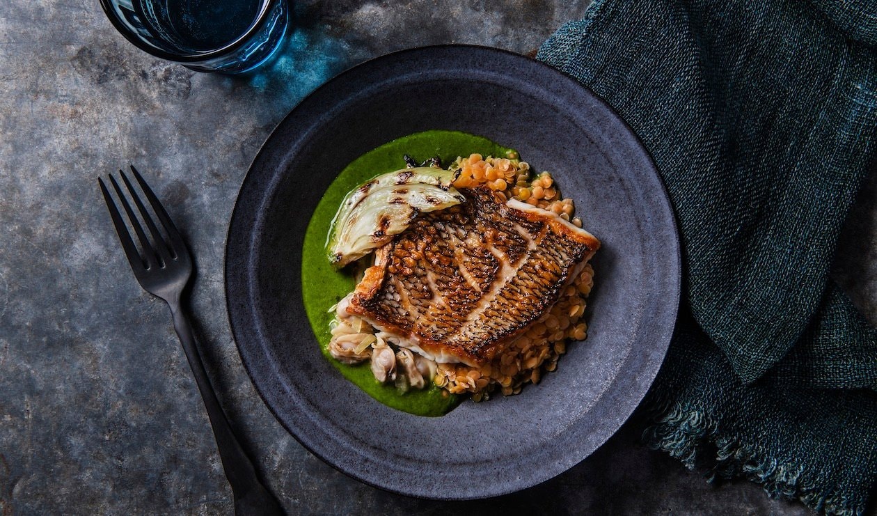 Black Sea Bass with Charred Fennel, Red Lentils and Citrus Ocean Broth – - Recipe Black Sea Bass with Charred Fennel, Red Lentils and Citrus Ocean Broth – - Recipe