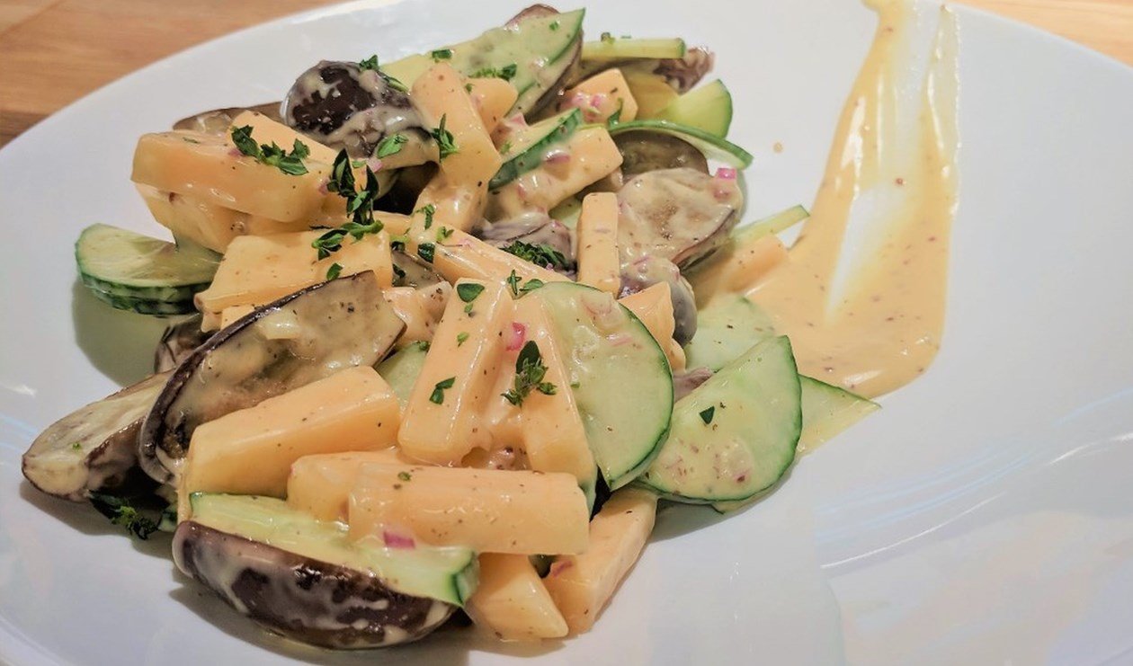 Fairtytale Eggplant, Cucumber, and Melon with Honey Mustard Dressing