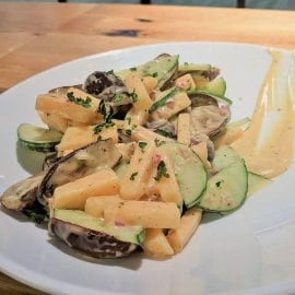 Fairtytale Eggplant, Cucumber, and Melon with Honey Mustard Dressing Fairtytale Eggplant, Cucumber, and Melon with Honey Mustard Dressing