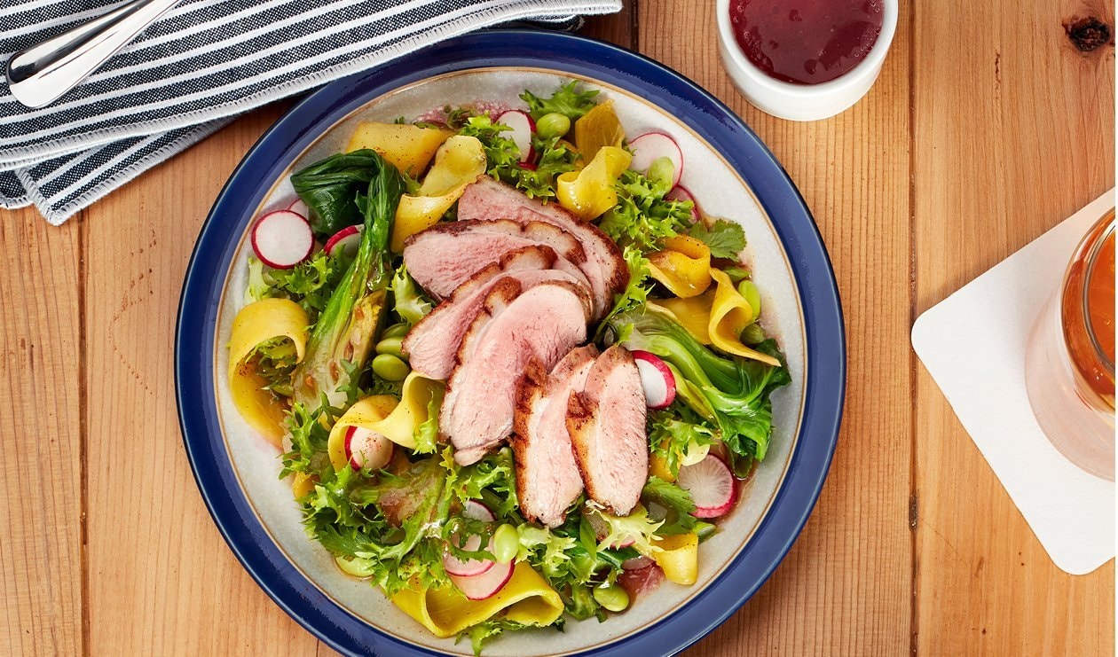 Five Spice Duck with Chile Mango and Asian Greens