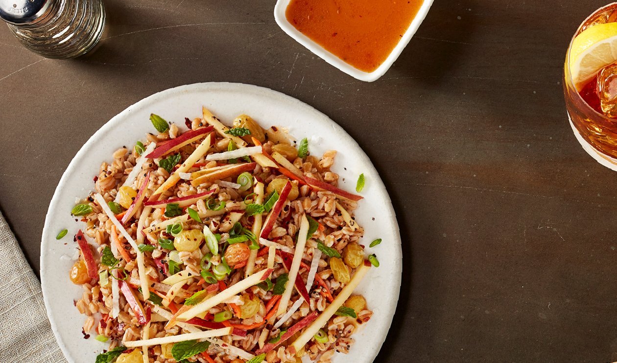 Jicama, Farro and Fuji Apple and Pickled Raisin Slaw – - Recipe