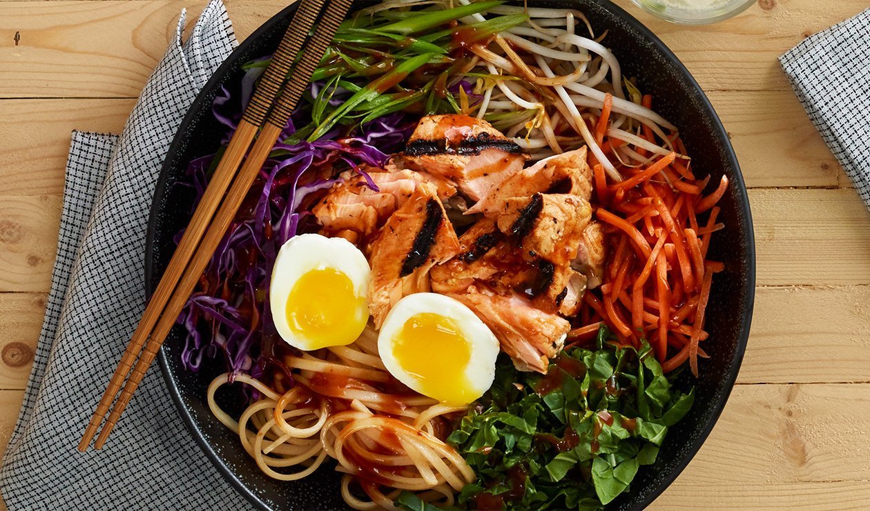 Korean Noodle Salad with Spicy Grilled Salmon