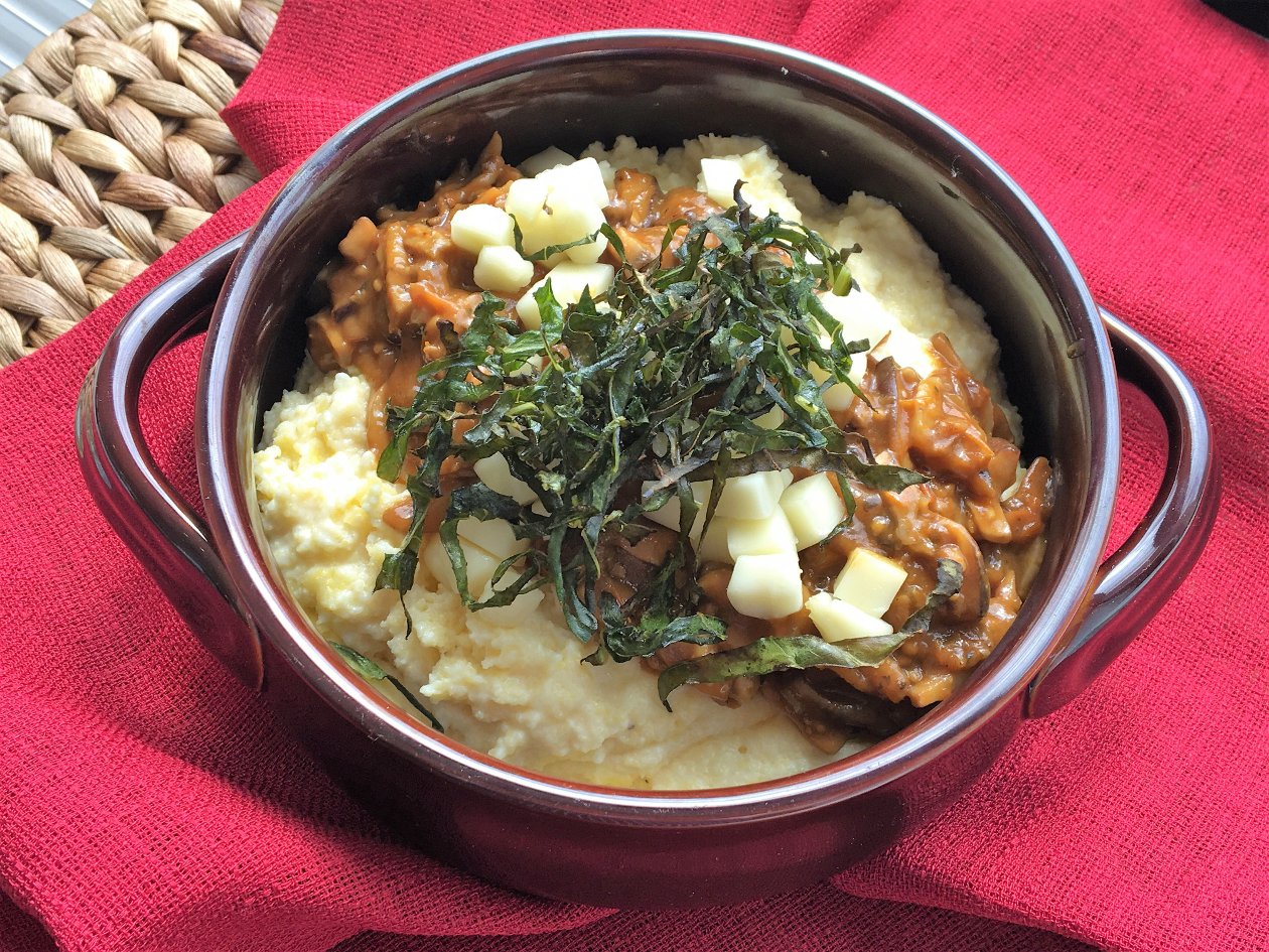 Mushroom Ragout with Creamy Polenta, Taleggio and Charred Greens – - Recipe