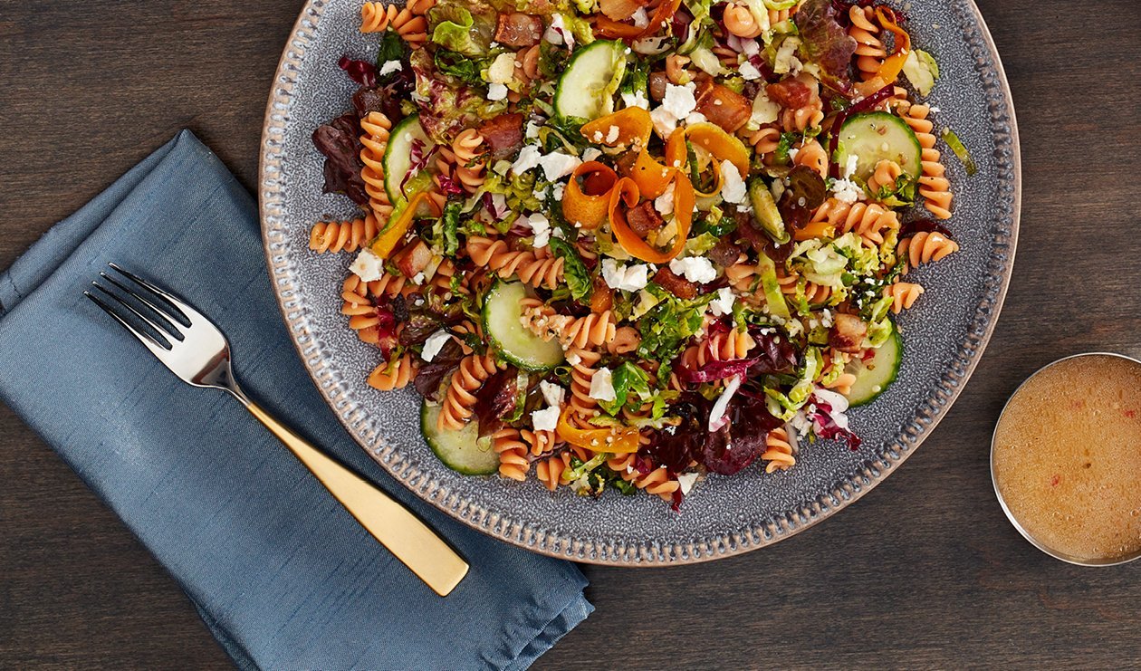 Red Lentil Pasta Bowl with Lemony Roasted Brussels Sprouts