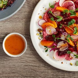 Roasted Beet Hummus, Mixed Radish and Citrus Salad with Pistachios