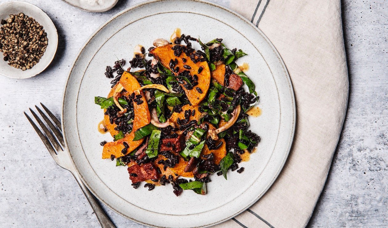Roasted Squash and Black Rice Salad with Umami Vinaigrette – - Recipe Roasted Squash and Black Rice Salad with Umami Vinaigrette – - Recipe