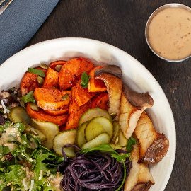 Roasted Sweet Potato and Black Soba Noodle Bowl with Dressing