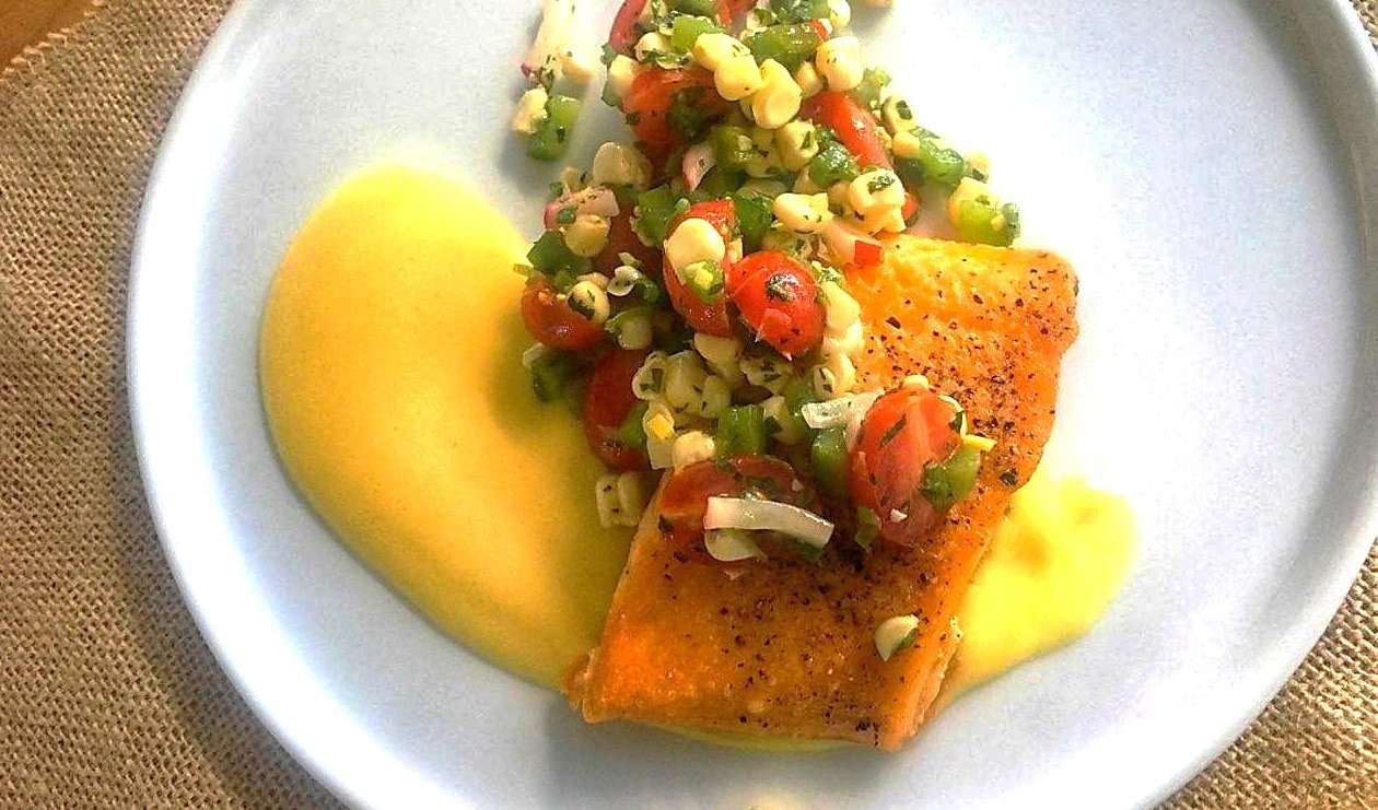 Seared Artic Char with Roasted Garlic Hollandaise and Citrus Spring Corn Salad – - Recipe Seared Artic Char with Roasted Garlic Hollandaise and Citrus Spring Corn Salad – - Recipe
