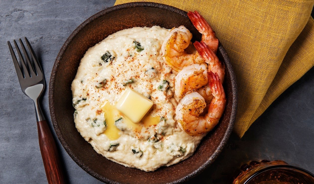 Shrimp and Smoked Poblano and White Cheddar Grits – - Recipe Shrimp and Smoked Poblano and White Cheddar Grits – - Recipe