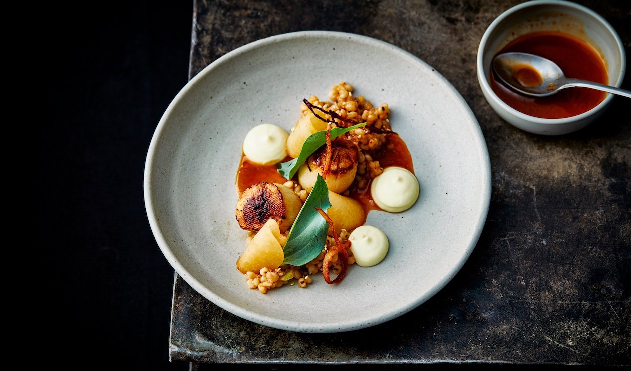 Szechuan Scallops Recipe with Barley, Parsnip Puree and Kohlrabi – - Recipe Szechuan Scallops Recipe with Barley, Parsnip Puree and Kohlrabi – - Recipe