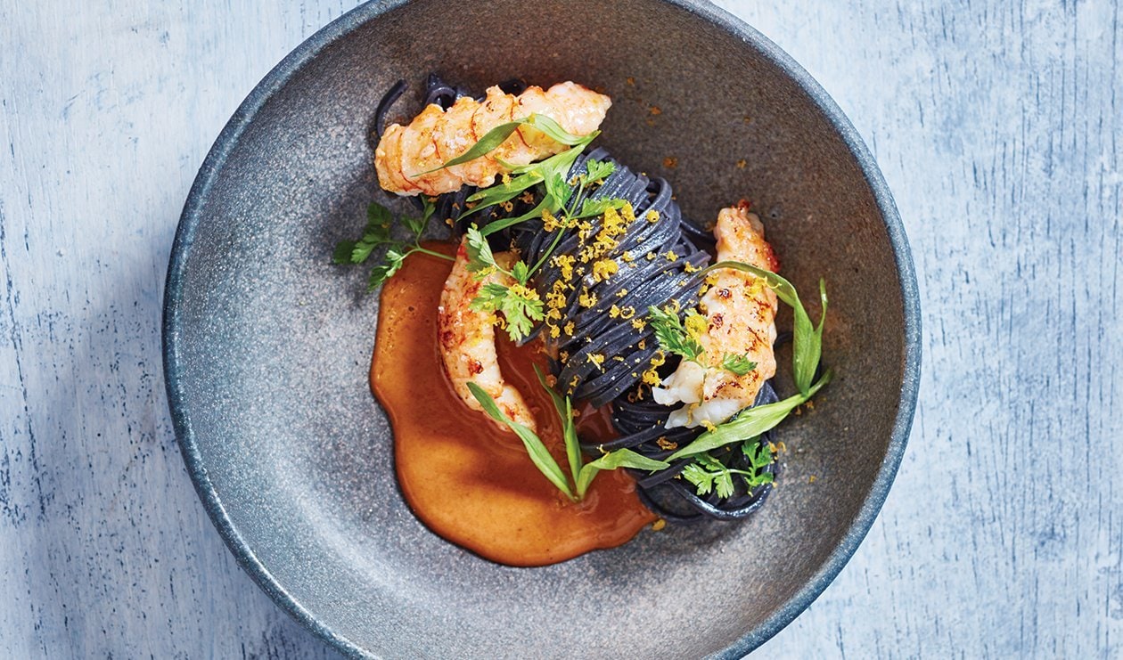 Pasta with Langoustine, Lobster Sauce and Grated Cured Egg – - Recipe