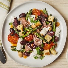 Roasted Asparagus and Prosciutto Salad with Candied Beets and Burrata