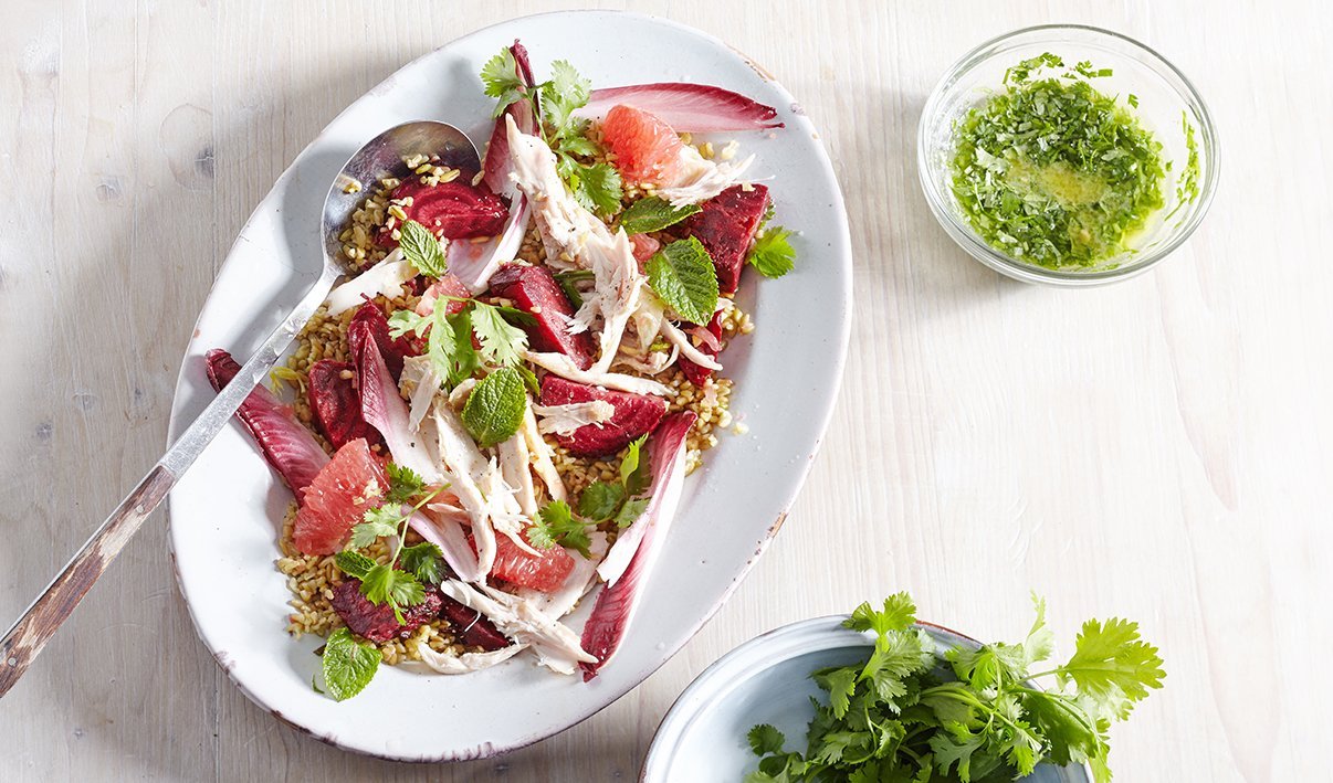 Freekeh, Pulled Chicken, Beet and Grapefruit Salad – - Recipe