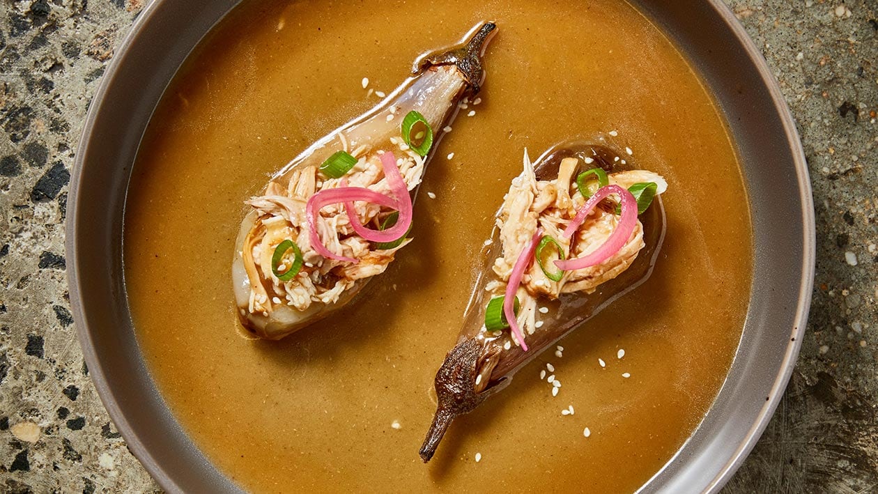 Grilled Eggplant, Stuffed with Chicken Escabeche, Miso & Sherry – - Recipe
