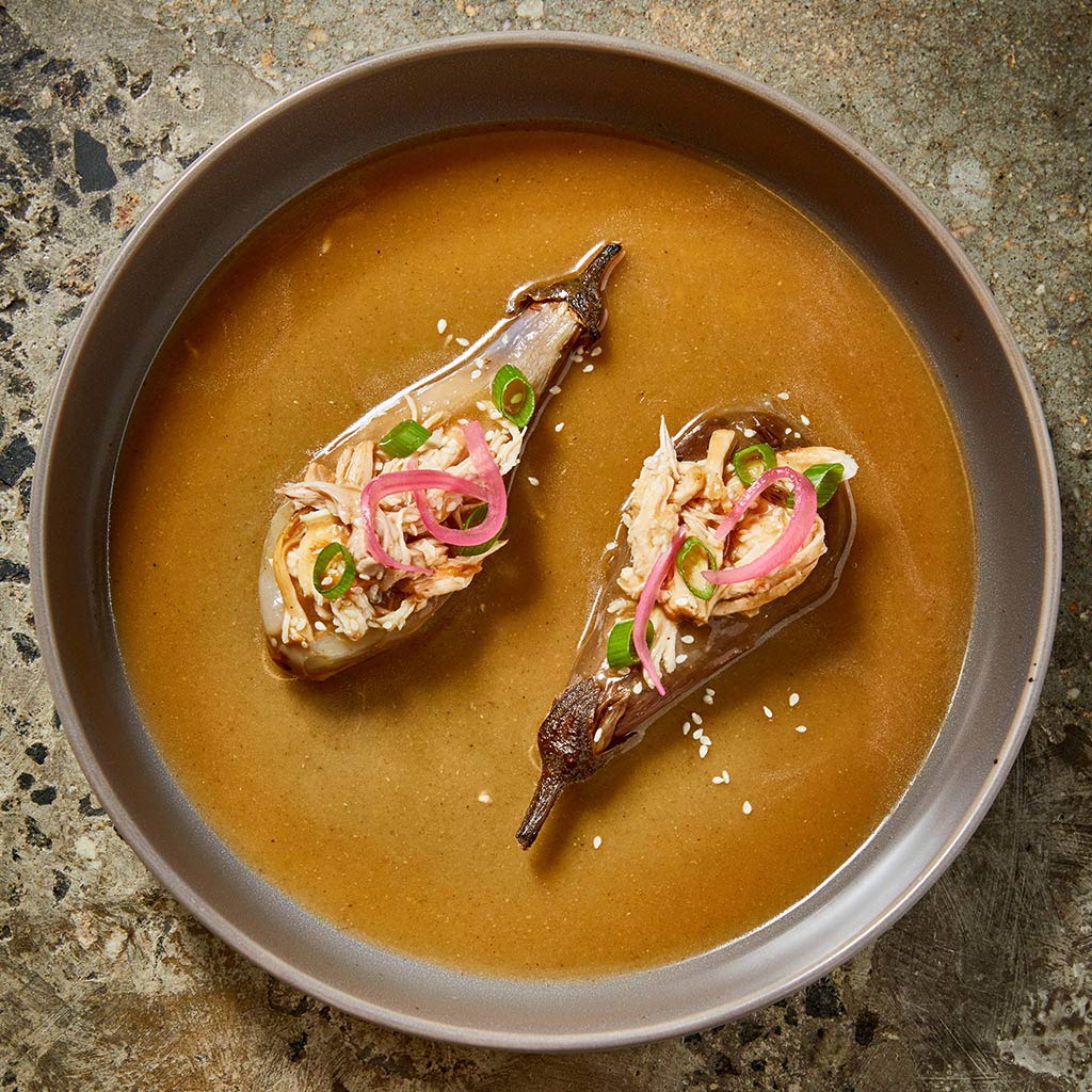 Grilled Eggplant, Stuffed with Chicken Escabeche, Miso & Sherry Grilled Eggplant, Stuffed with Chicken Escabeche, Miso & Sherry