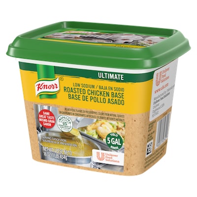 Knorr® Professional Ultimate Low Sodium Chicken Bouillon Base 6 x 1 lb - Excess salt in bases masks the true flavor of soups.