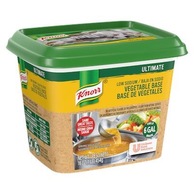 Knorr® Professional Ultimate Low Sodium Vegetable Bouillon Base 6 x 1 lb - Excess salt in bases masks the true flavor of soups - not in Knorr® Professional Ultimate Low Sodium Vegetable Bouillon Base 6 x 1 lb!