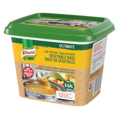Knorr® Professional Ultimate Low Sodium Vegetable Bouillon Base 6 x 1 lb - Excess salt in bases masks the true flavor of soups - not in Knorr® Professional Ultimate Low Sodium Vegetable Bouillon Base 6 x 1 lb!