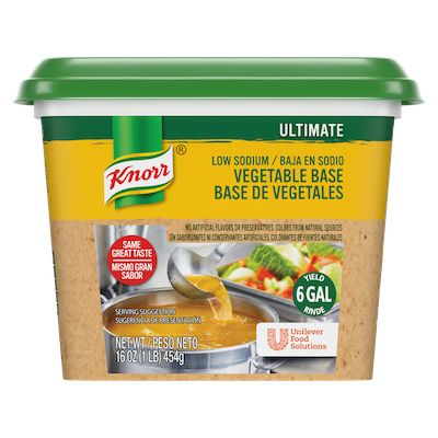 Knorr® Professional Ultimate Low Sodium Vegetable Bouillon Base 6 x 1 lb - Excess salt in bases masks the true flavor of soups - not in Knorr® Professional Ultimate Low Sodium Vegetable Bouillon Base 6 x 1 lb!