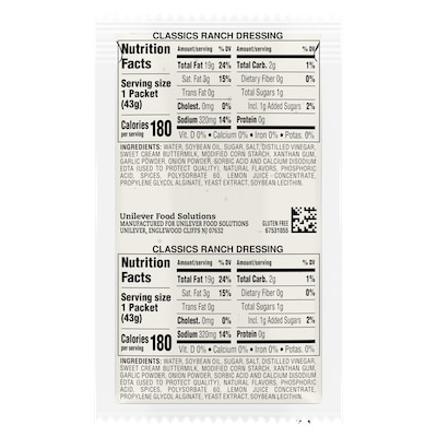 Hellmann's® Classics Ranch Dressing Sachet 102 x 1.5 oz - To your best salads with Hellmann's® Classics Ranch Dressing (102 x 1.5 oz) that looks, performs and tastes like you made it yourself.