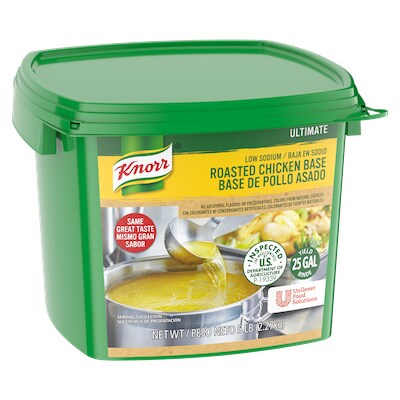 Knorr® Professional Ultimate Low Sodium Chicken Bouillon Base 4 x 5 lb - Excess salt in bases masks the true flavor of soups - not in Knorr® Professional Ultimate Low Sodium Chicken Bouillon Base!