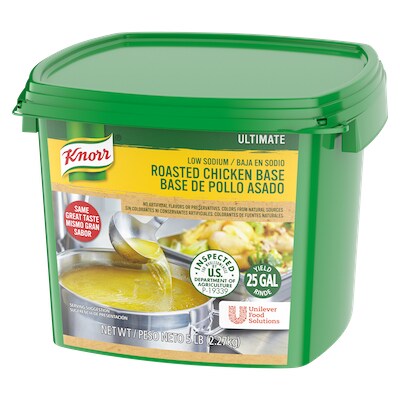 Knorr® Professional Ultimate Low Sodium Chicken Bouillon Base 4 x 5 lb - Excess salt in bases masks the true flavor of soups - not in Knorr® Professional Ultimate Low Sodium Chicken Bouillon Base!