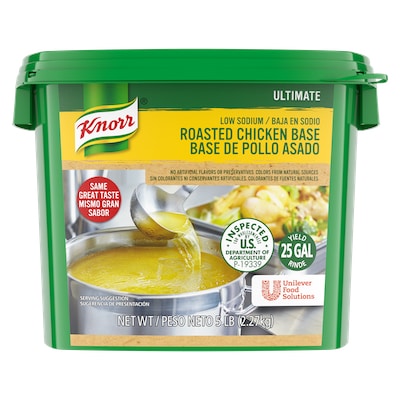 Knorr® Professional Ultimate Low Sodium Chicken Bouillon Base 4 x 5 lb - Excess salt in bases masks the true flavor of soups - not in Knorr® Professional Ultimate Low Sodium Chicken Bouillon Base!